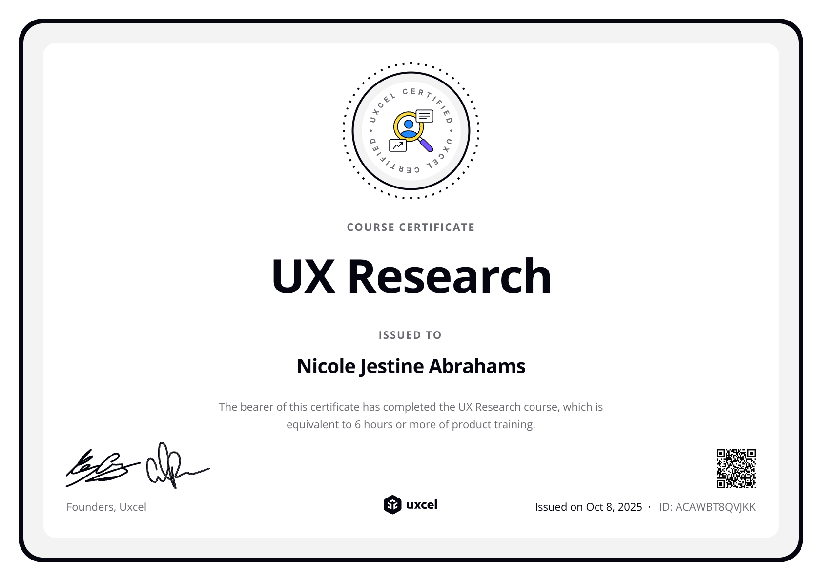 Nicole Jestine Abrahams's certificate